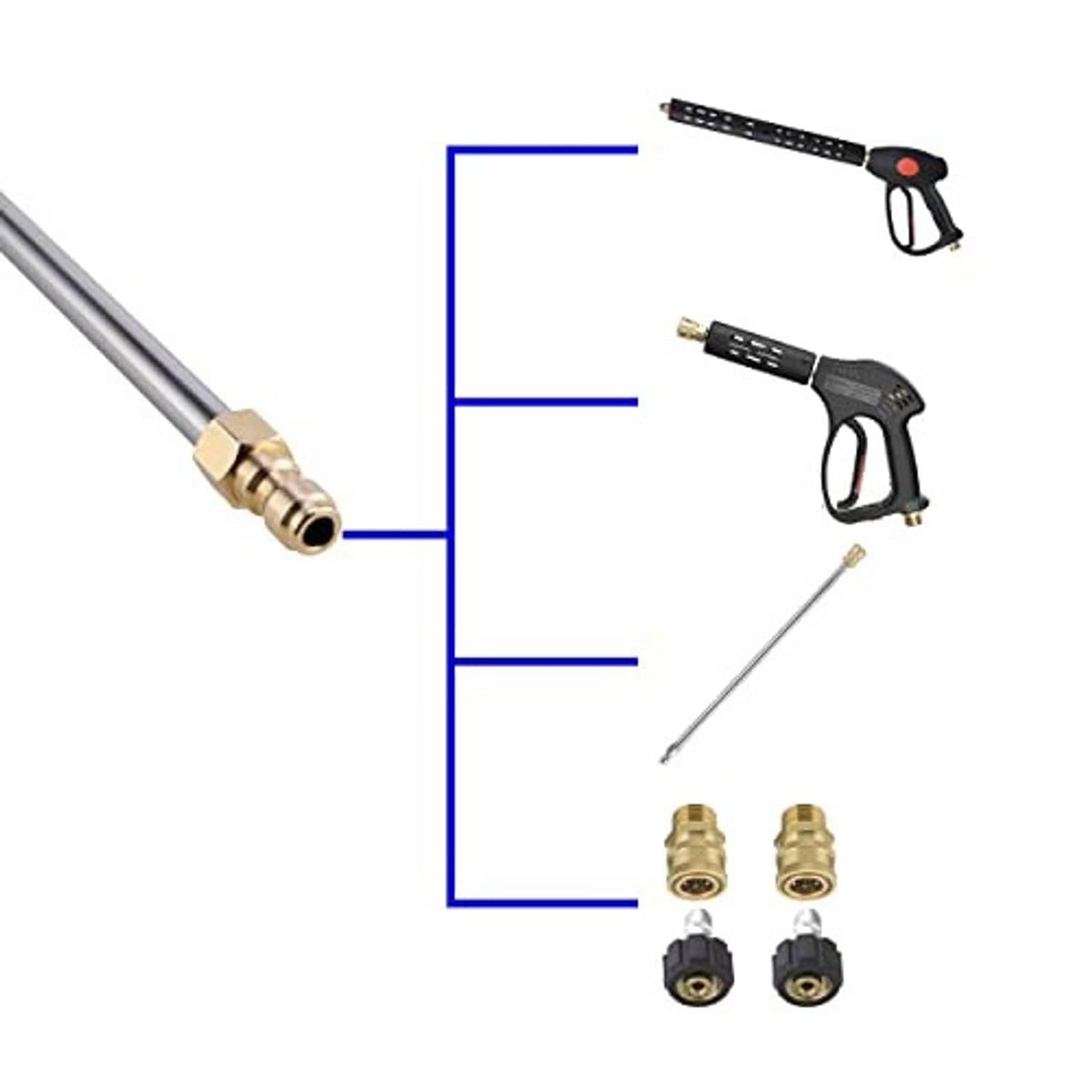 Angled wand accessory kit with quick-connect fittings, nozzles, and adapter parts