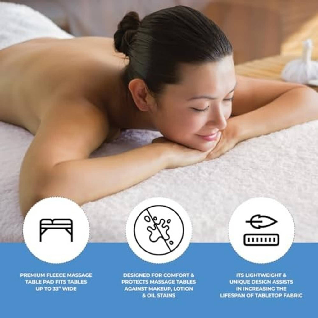 White fleece massage table pad with plush surface for client comfort