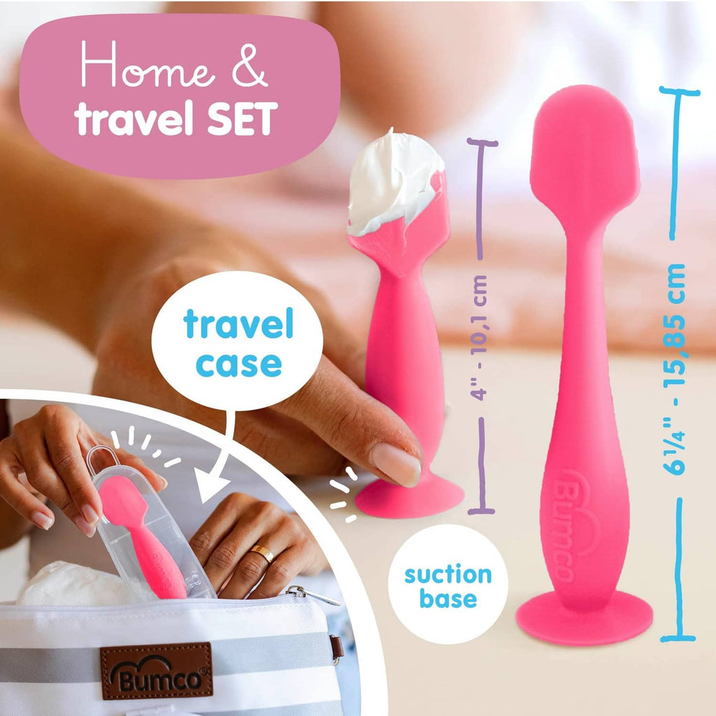 Pink baby bum brush set with travel case and suction-base brush handles