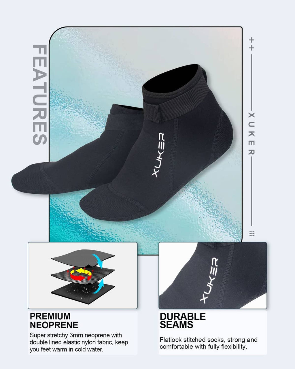 Black neoprene water socks pair with XUKER logo and flexible ankle cuff