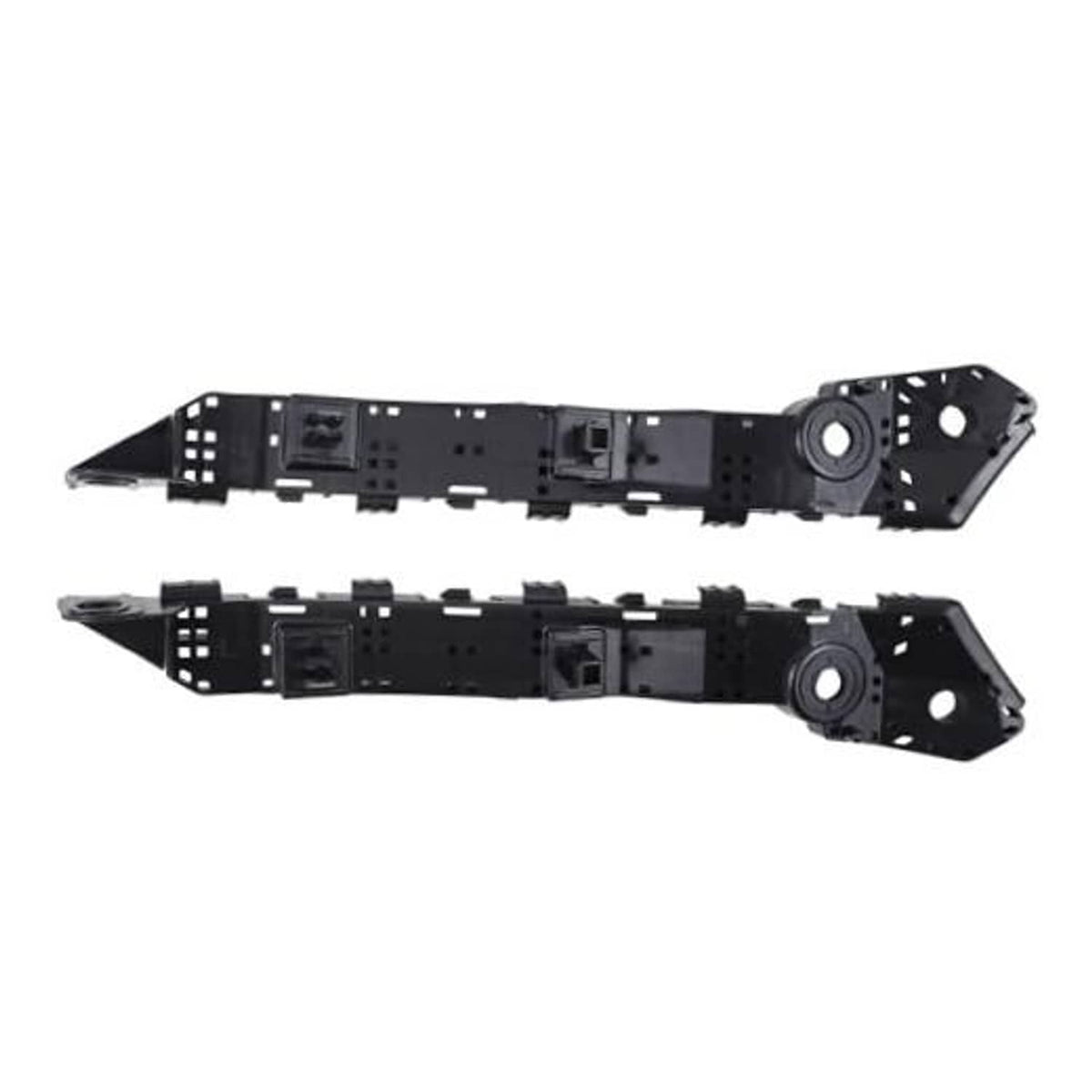 Pair of black front bumper fender bracket support mounts with circular mounting holes