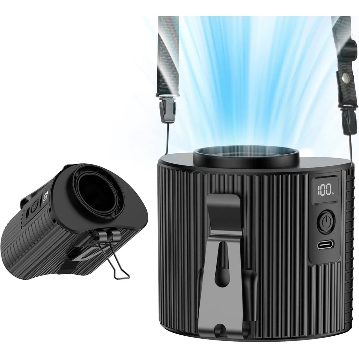 Black rechargeable waist clip fan with round grille and side control buttons