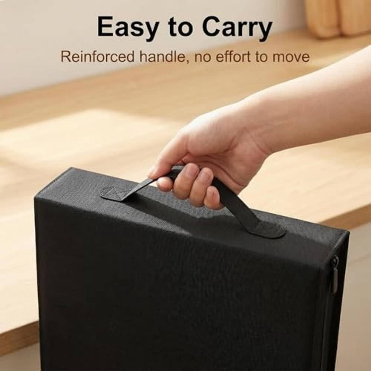 Black disc storage case with reinforced carry handle, hand gripping the top