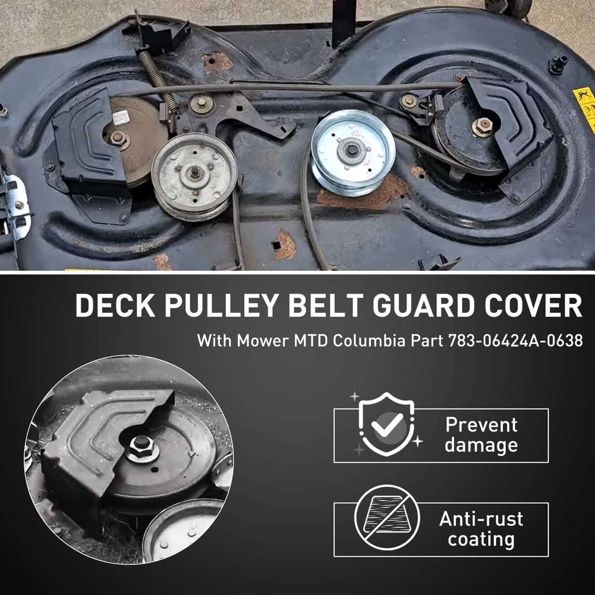 Black deck pulley belt guard cover pair with rectangular openings and mounting brackets