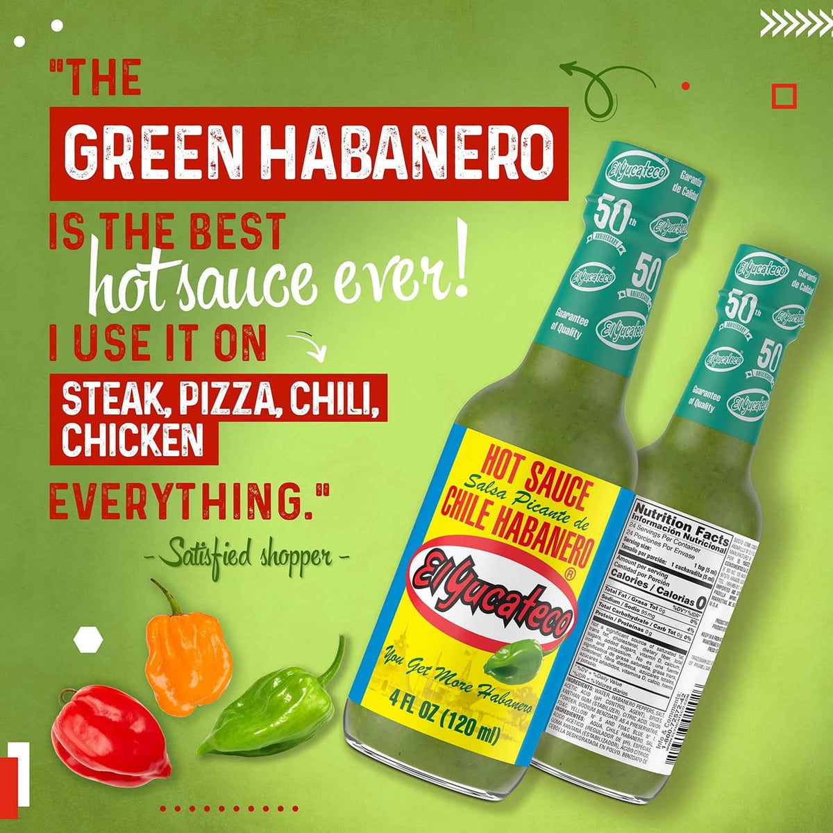 El Yucateco green habanero hot sauce bottles with nutrition facts panel