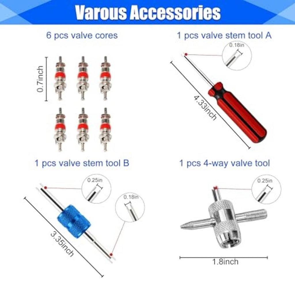 Valve accessories: red and blue valve stem tools, 4-way valve tool, and valve cores