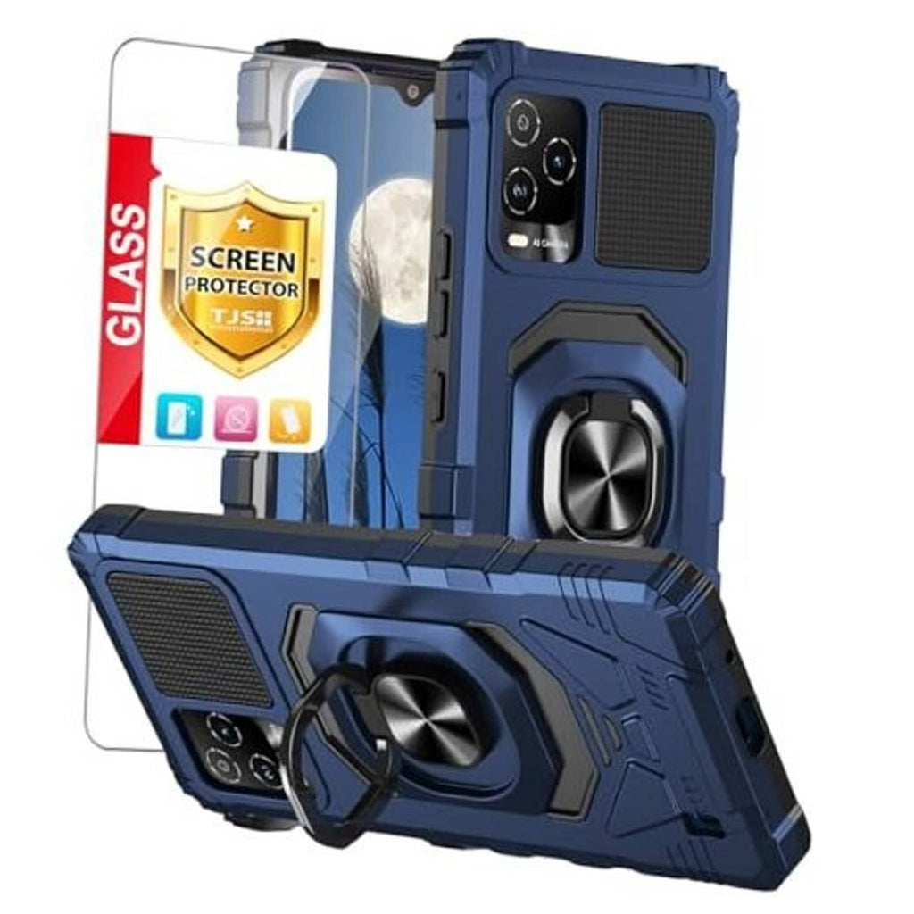 Blue rugged phone case with ring kickstand and camera cutouts, includes screen protector