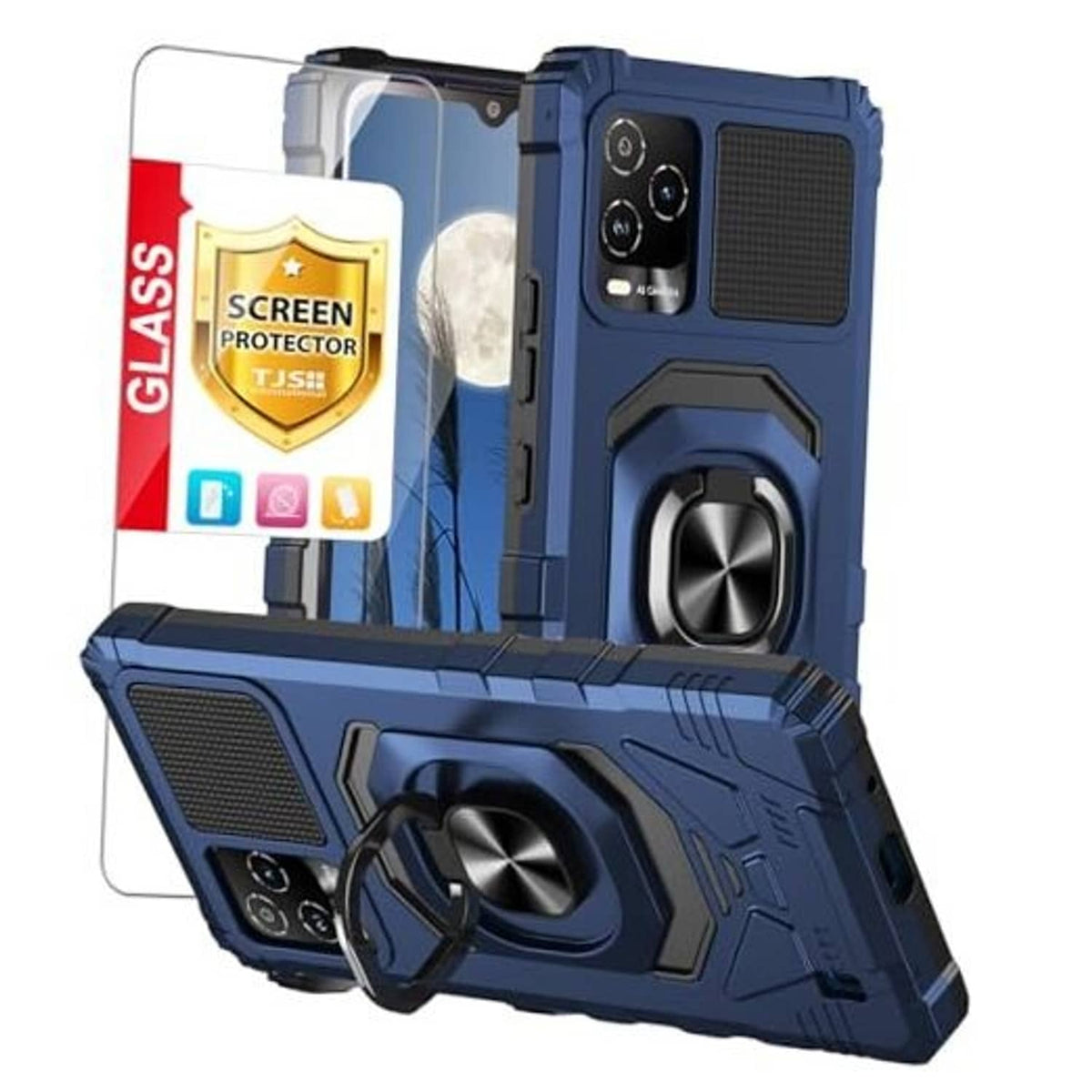 Blue rugged phone case with ring kickstand and camera cutouts, includes screen protector
