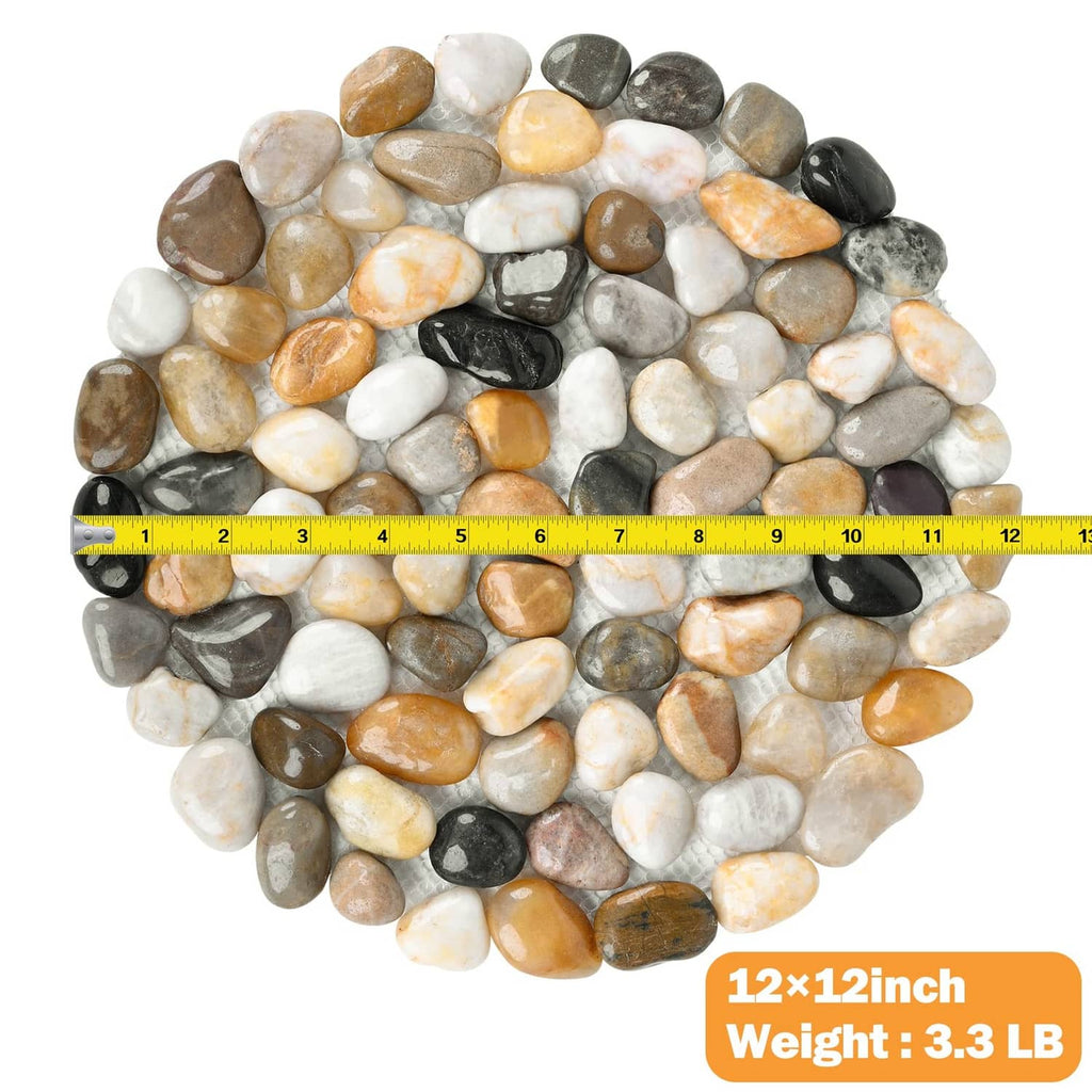 Round river rock stepping stone mat with multi-tone smooth pebbles, size shown
