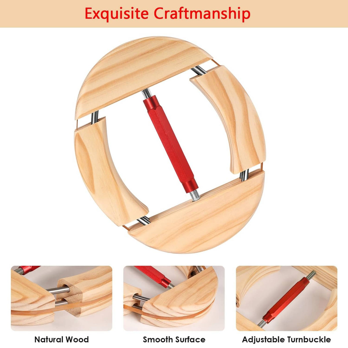 Wood hat stretcher with smooth metal clamps and red adjustable turnbuckle, circular