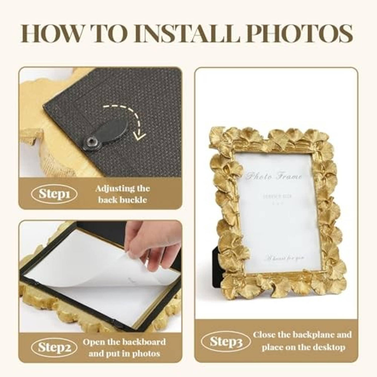 Gold 5x7 ginkgo-leaf photo frame with install steps shown