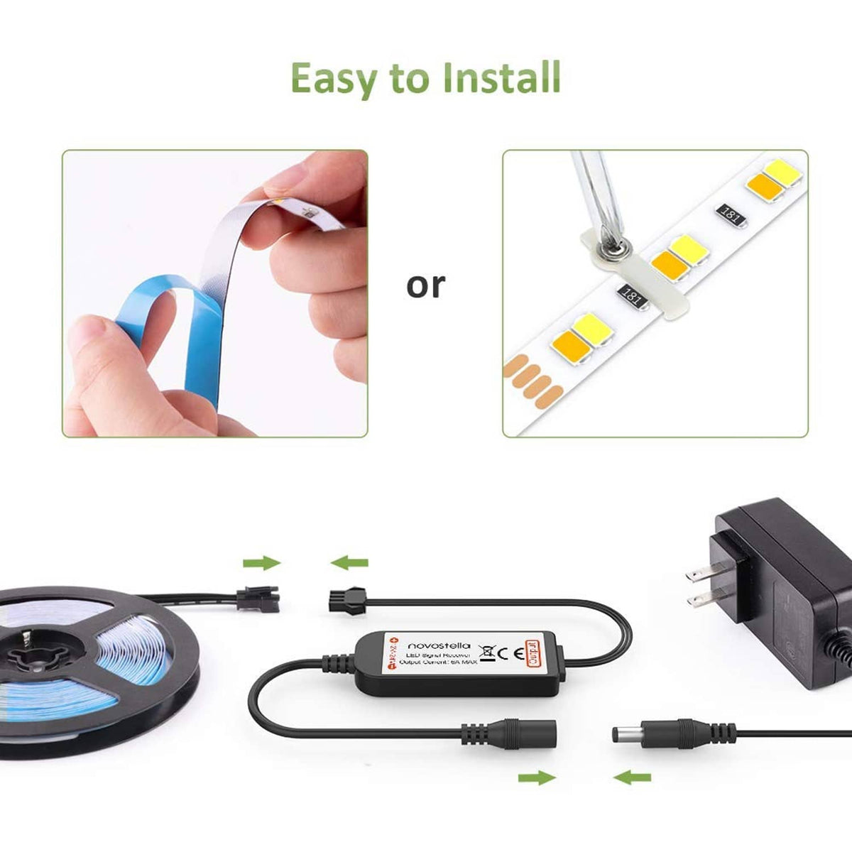 LED strip kit with power adapter and step arrows for easy installation