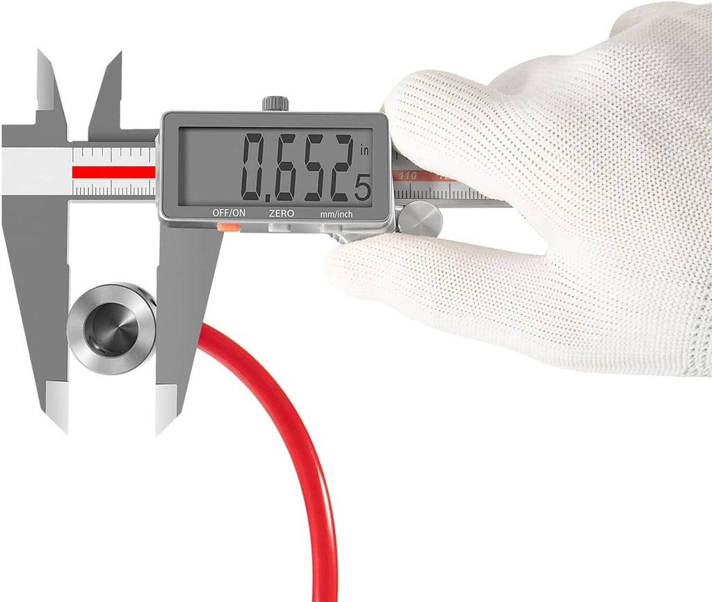 Red cable with measurement caliper, held by white-gloved hand