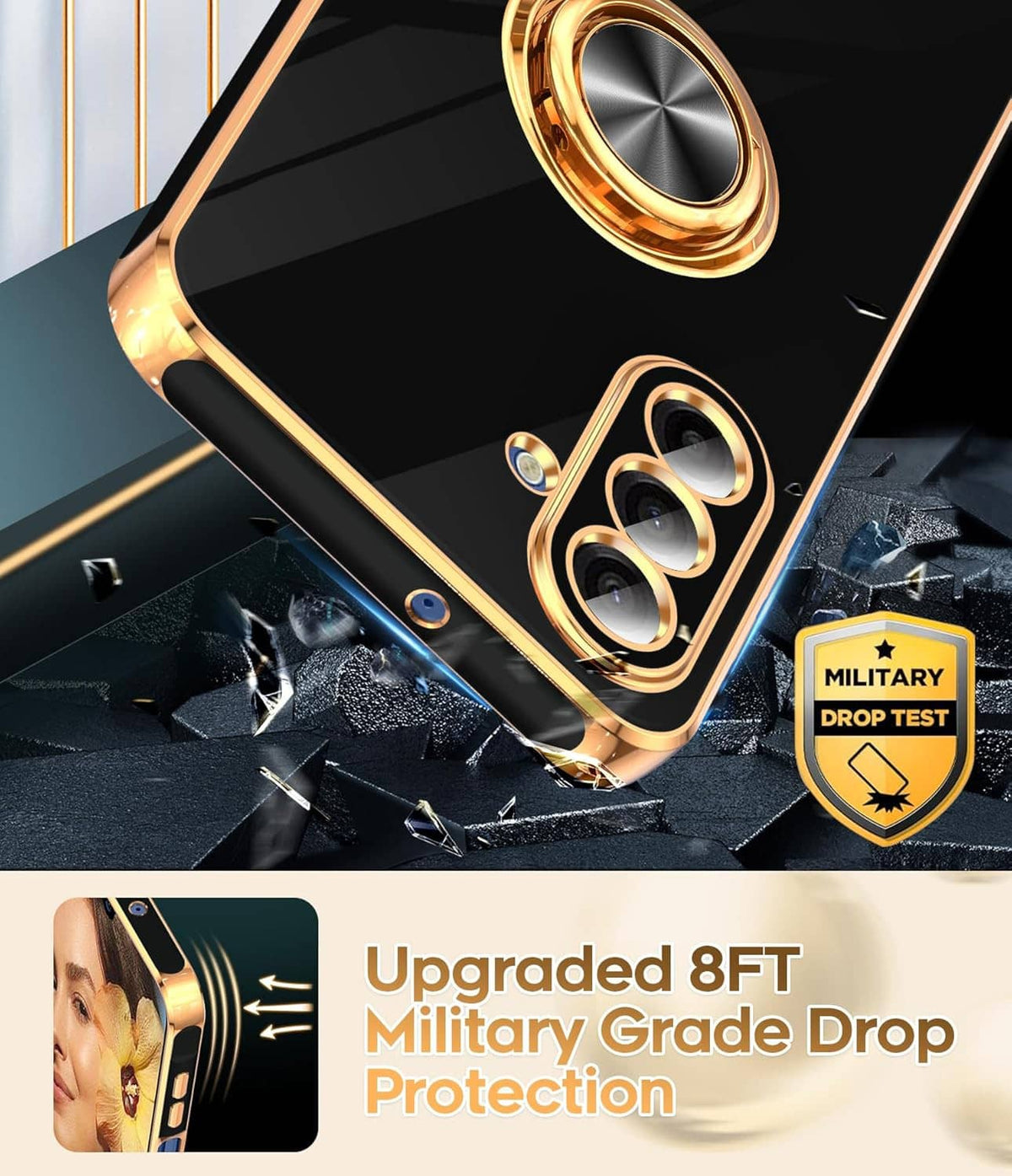 Black and gold phone case with ring kickstand and military-grade drop protection badge