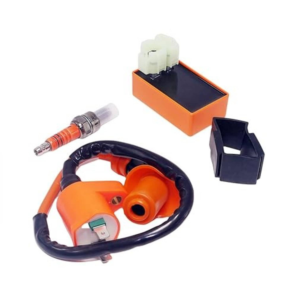 Orange ignition CDI box kit with spark plug, orange coil module, and black mounting bracket