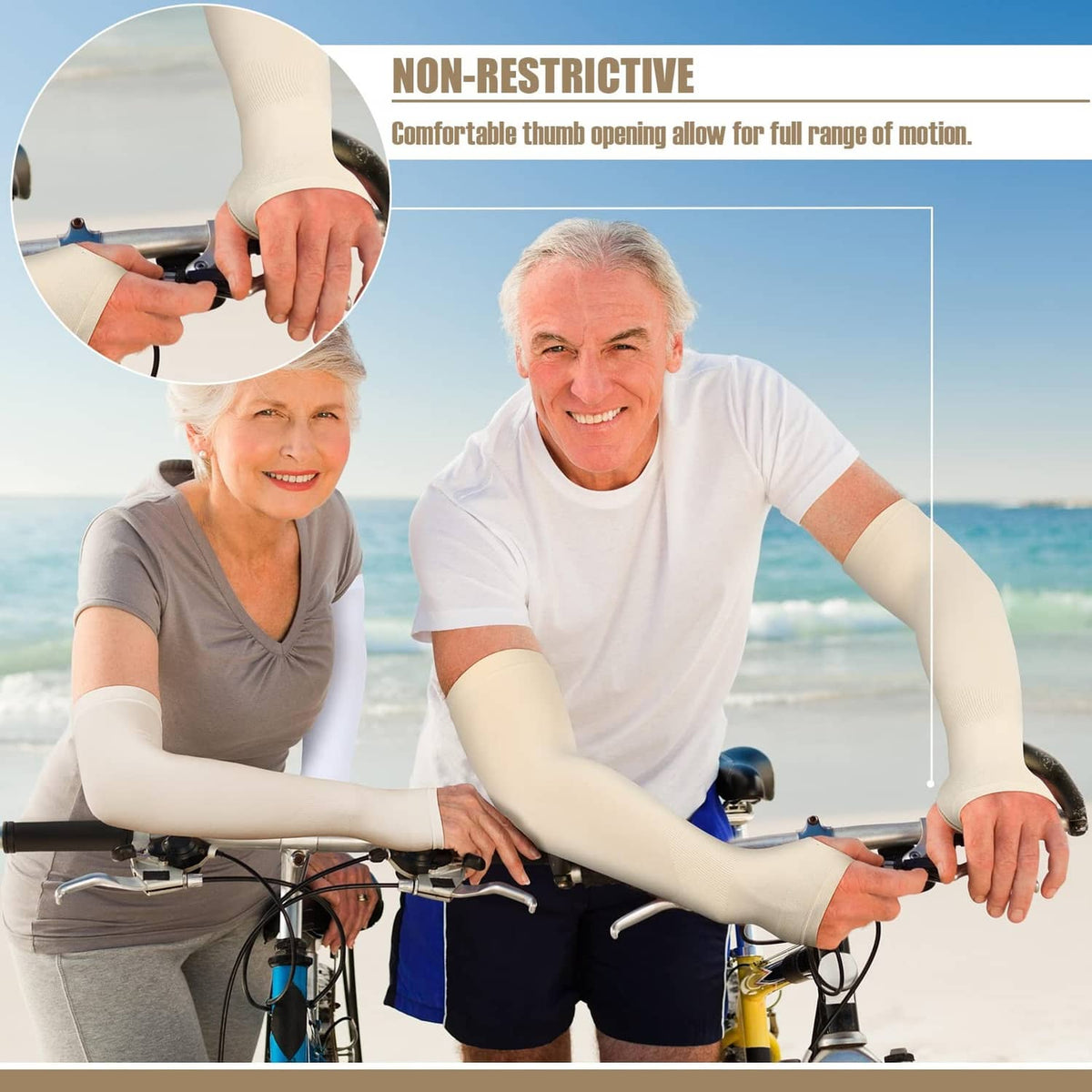 Beige non-restrictive protective arm sleeve with thumb opening on raised arm