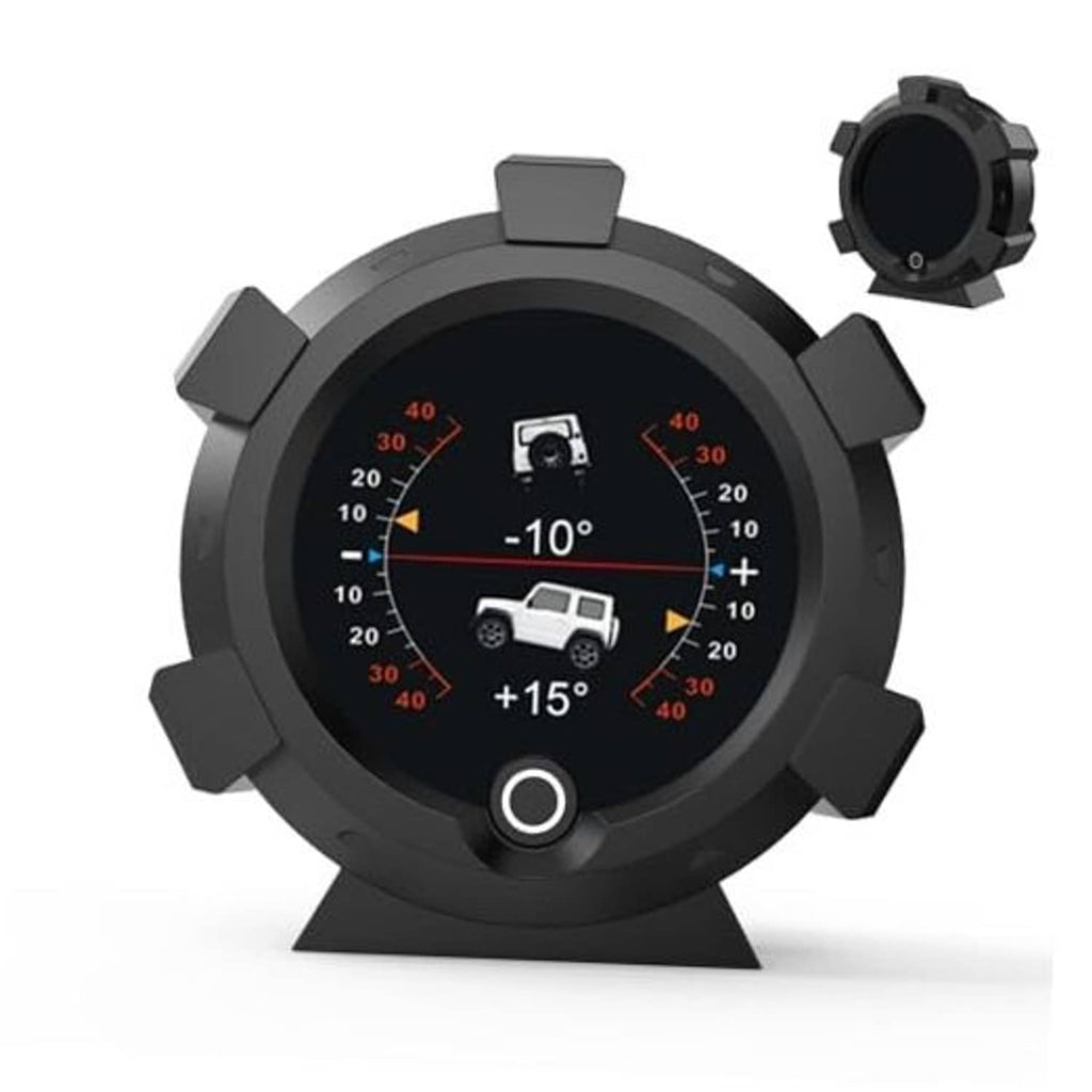 Black circular GPS speedometer HUD inclinometer dial with -10° and +15° angle markings