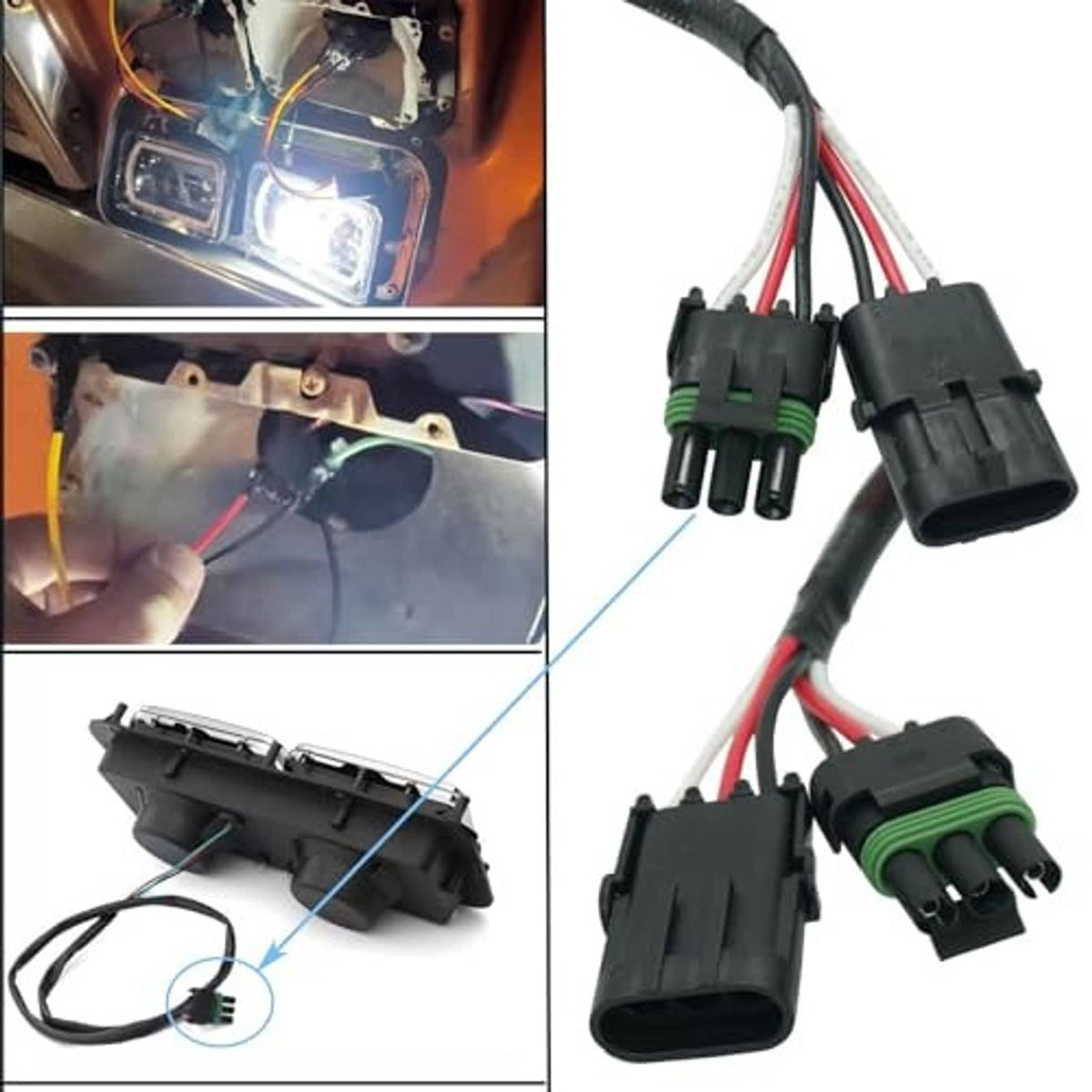 Headlight wiring harness with four-pin connectors and cable routing pigtails