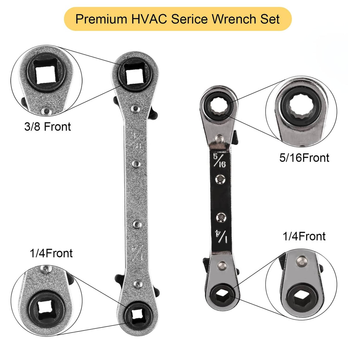 HVAC service wrench set with two metal wrenches and multiple socket sizes
