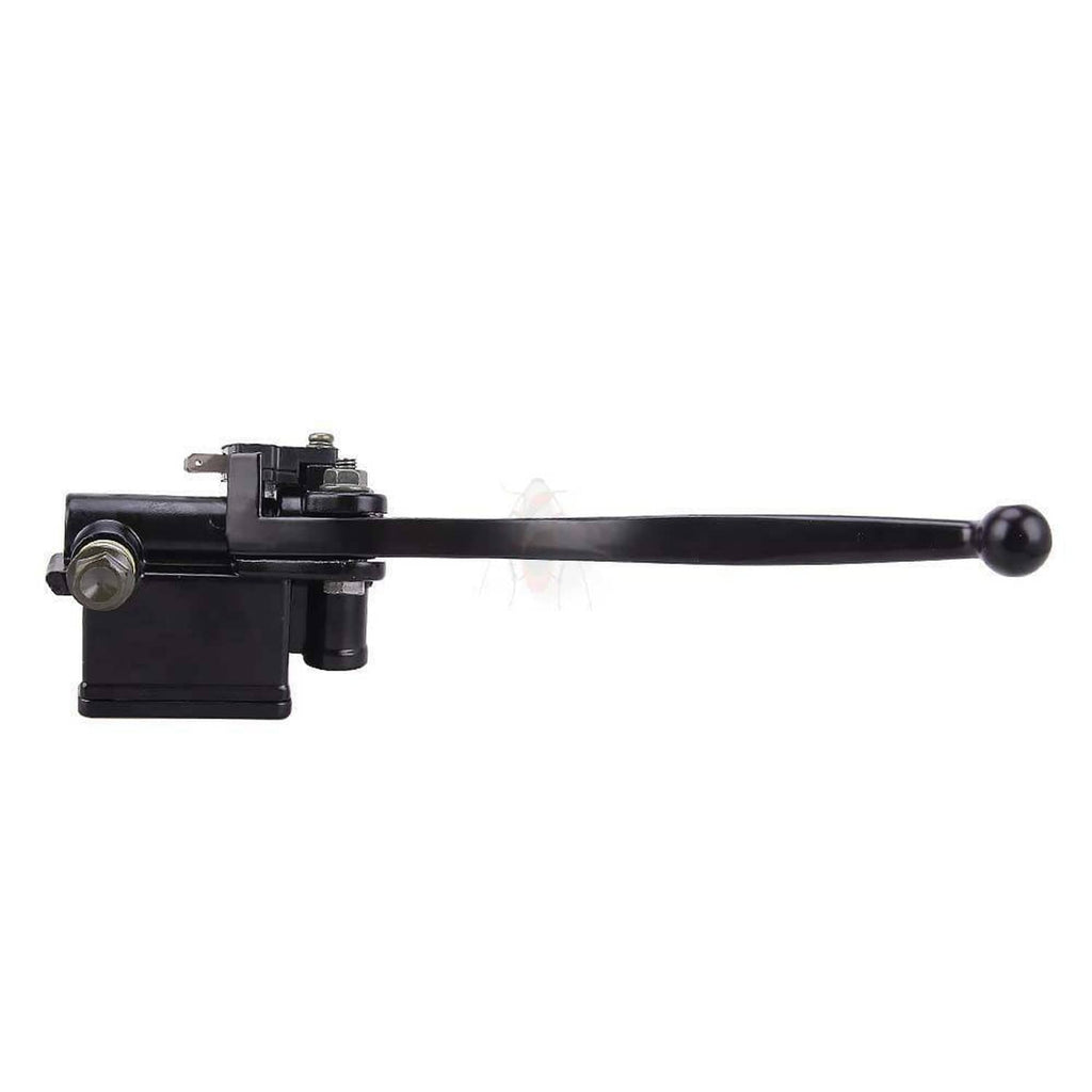 Black brake master cylinder with long lever bar and outlet fitting