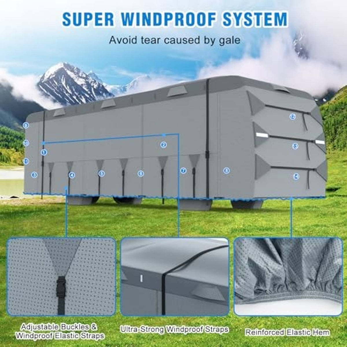 Grey RV cover with adjustable buckles and windproof straps, reinforced elastic hem