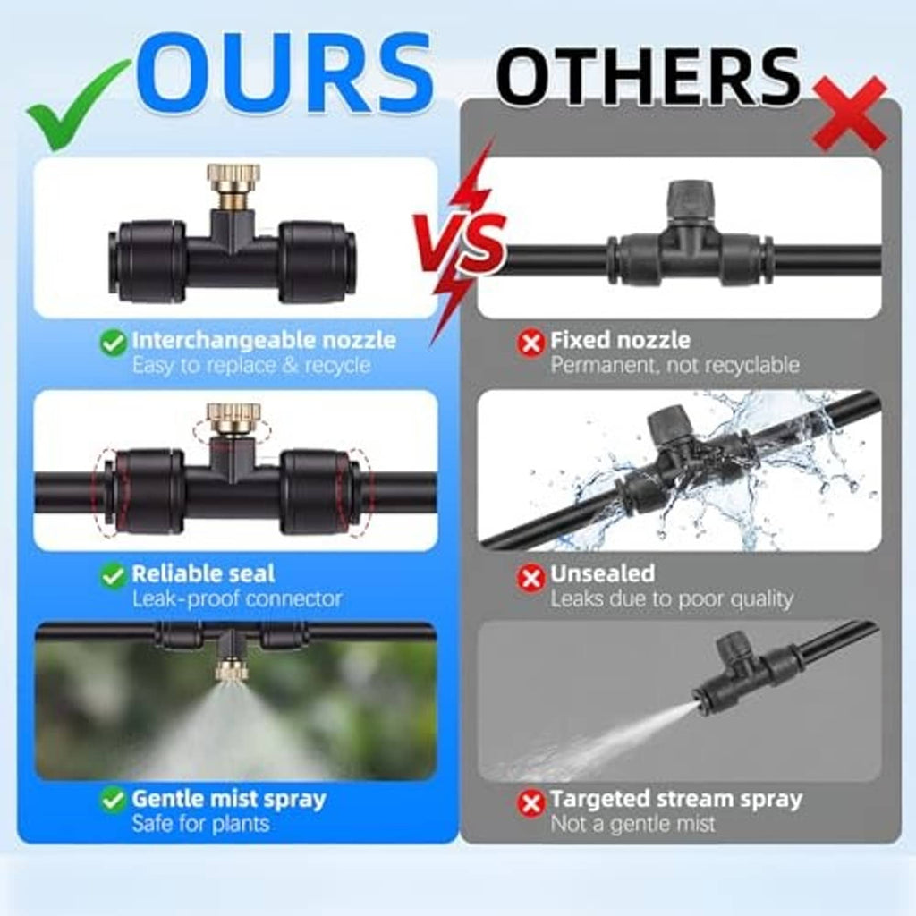 Outdoor misting system nozzle and connector with brass adapter
