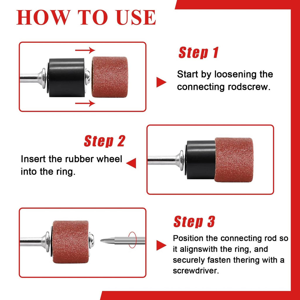 Sanding drum installation steps showing abrasive sleeve mounted on a shank