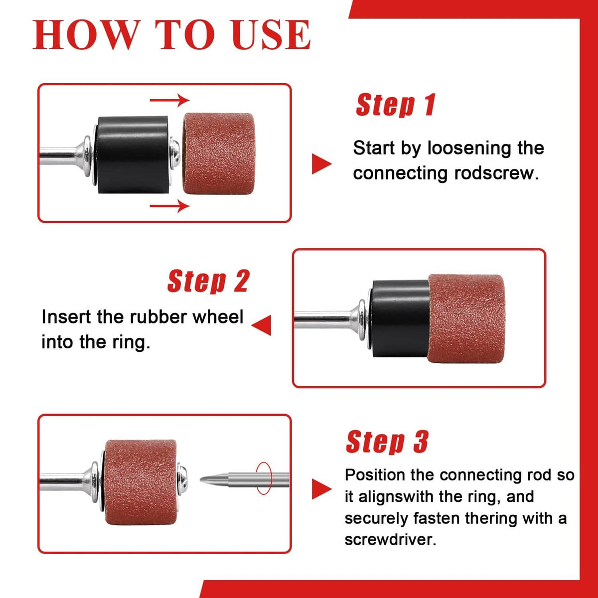 Sanding drum installation steps showing abrasive sleeve mounted on a shank