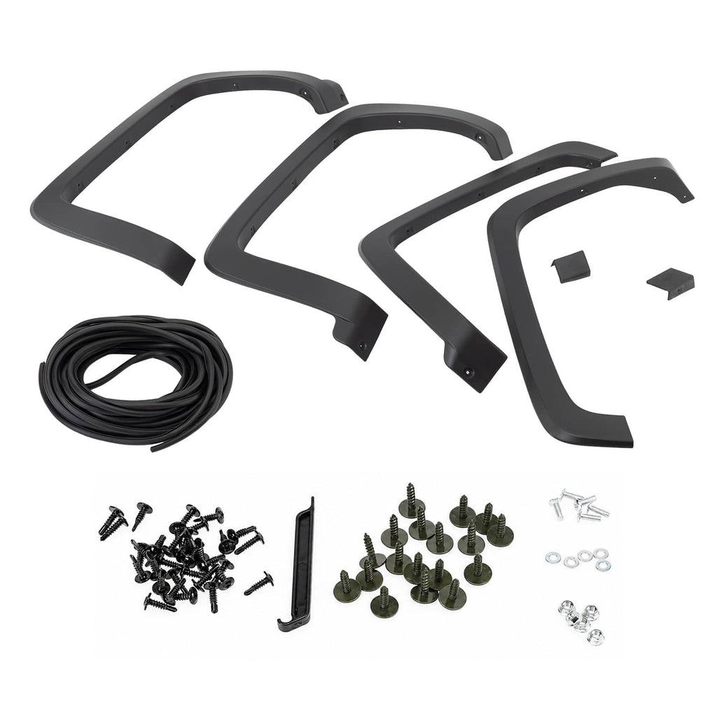 Black front and rear fender flare kit with installation hardware and fasteners