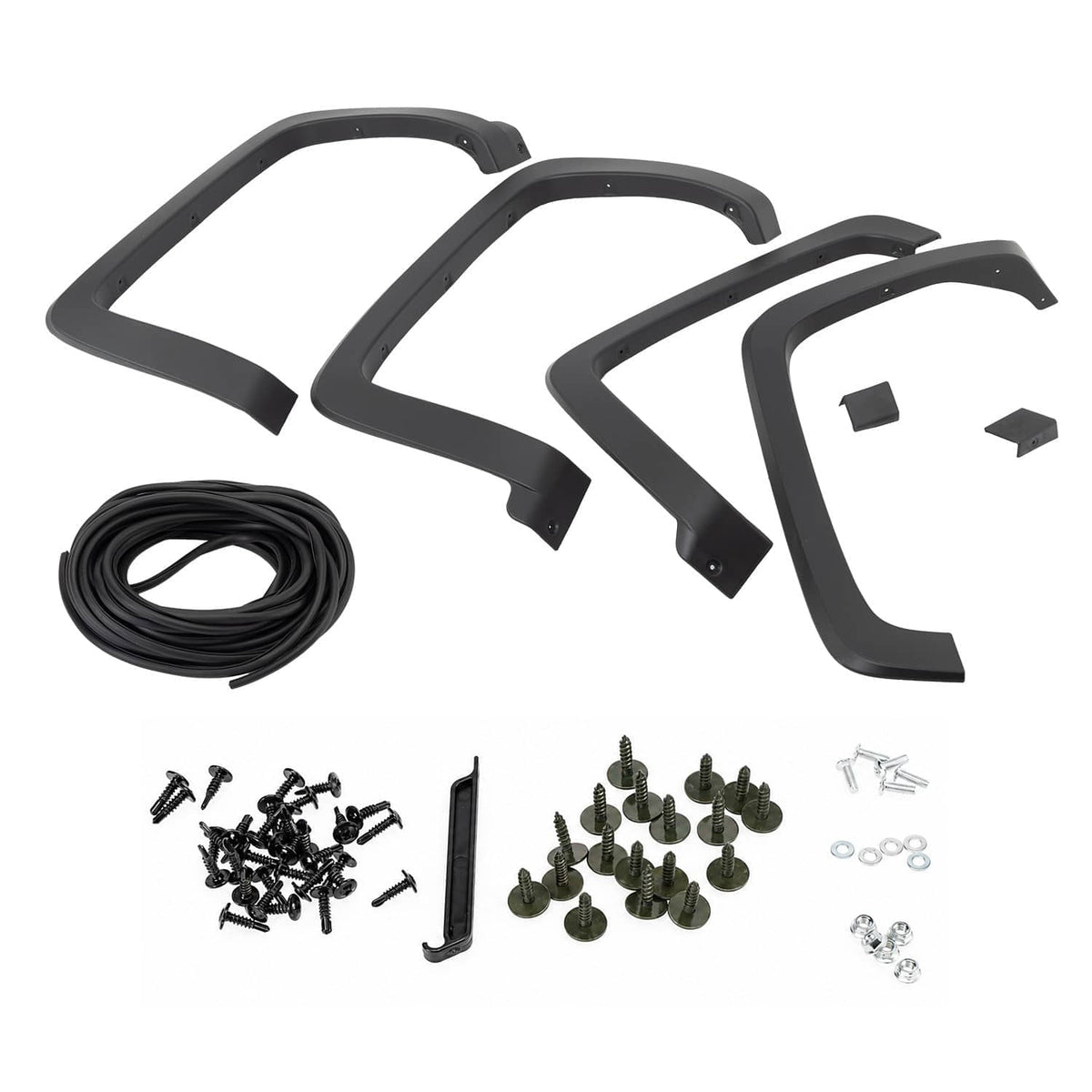 Black front and rear fender flare kit with installation hardware and fasteners