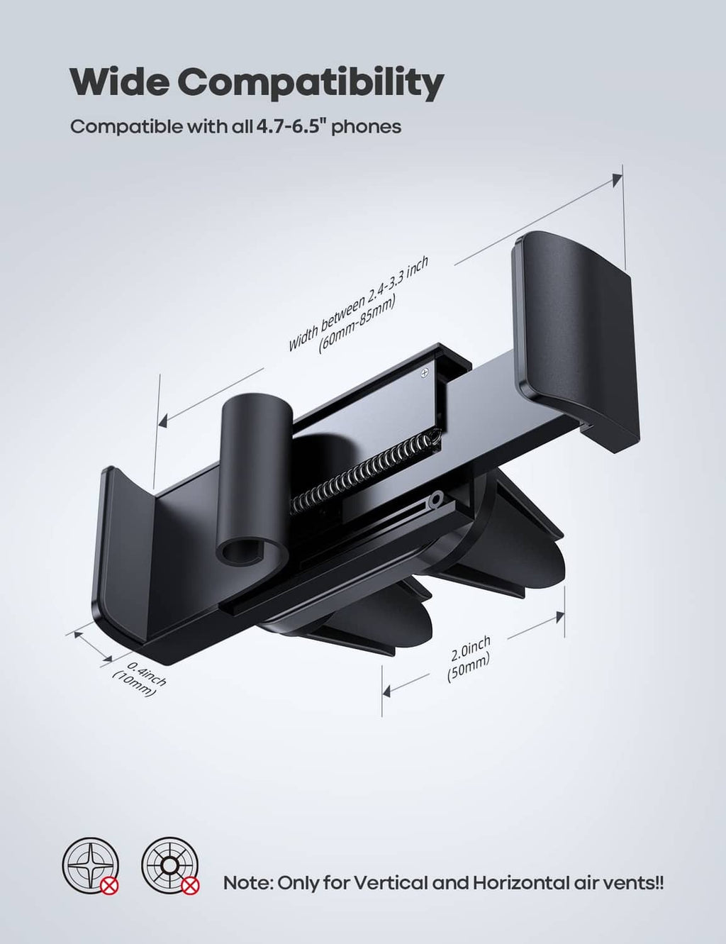 Car vent phone mount with adjustable bracket for 4.7–6.5 in phones, dual clip design