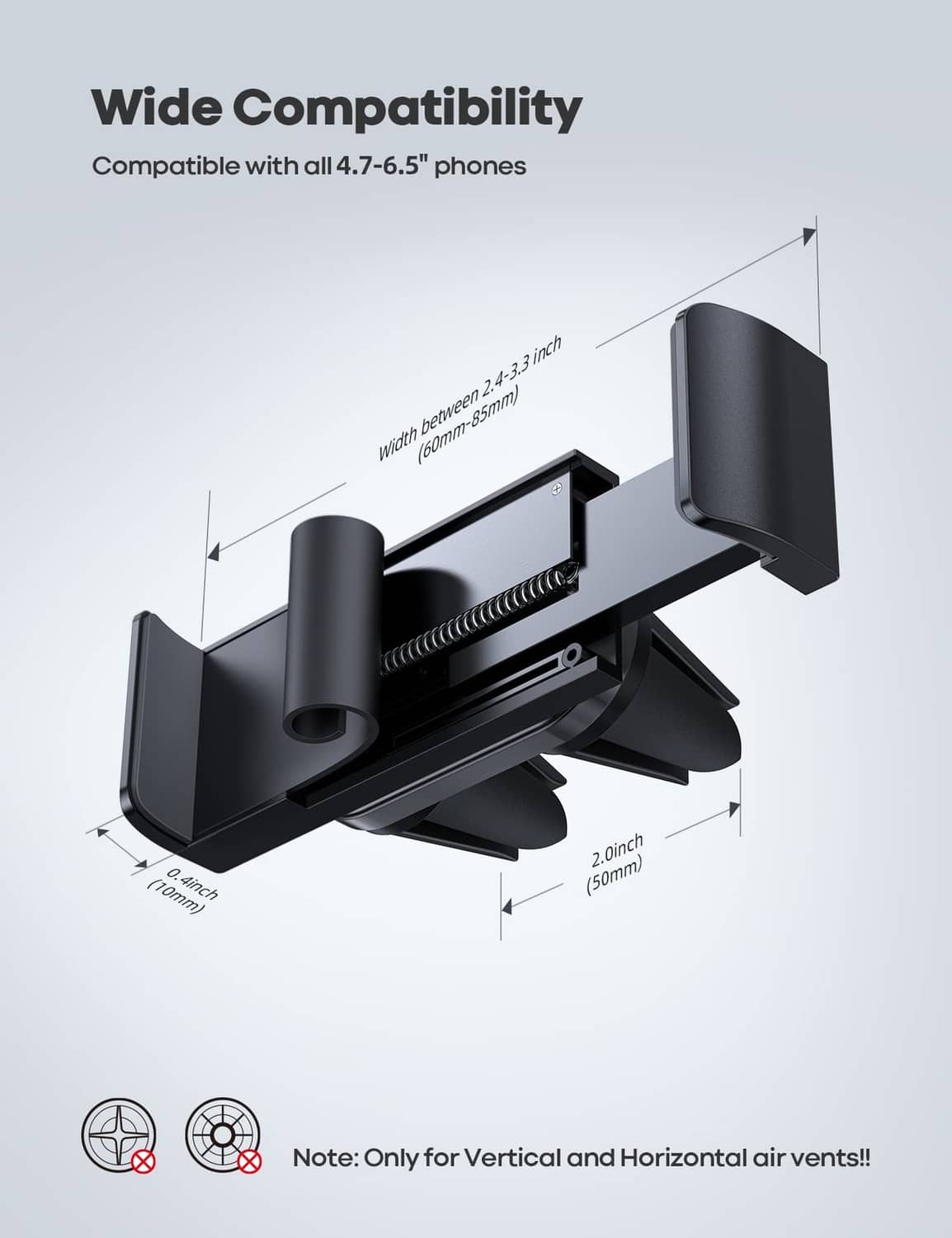 Car vent phone mount with adjustable bracket for 4.7–6.5 in phones, dual clip design