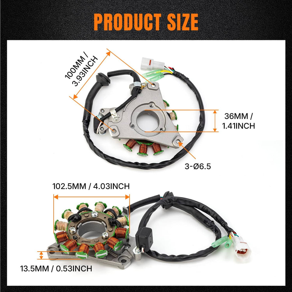 Stator assembly with product-size diagram, black wiring harness, and copper coil windings