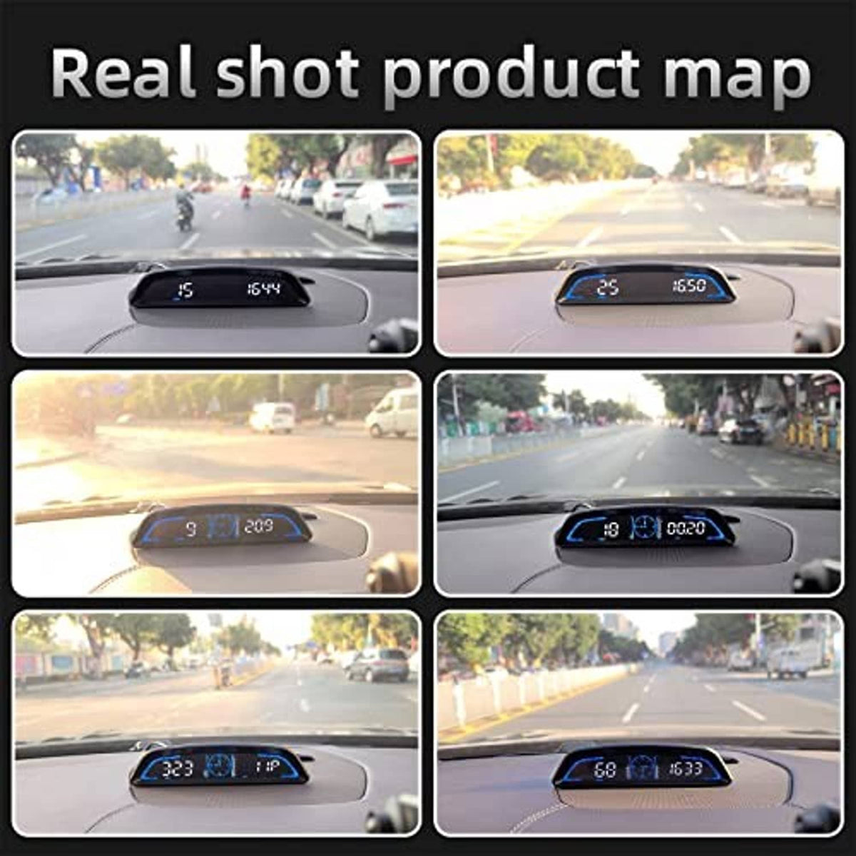 Digital GPS speedometer HUD display on car dashboard, black unit with blue-lit digit panels