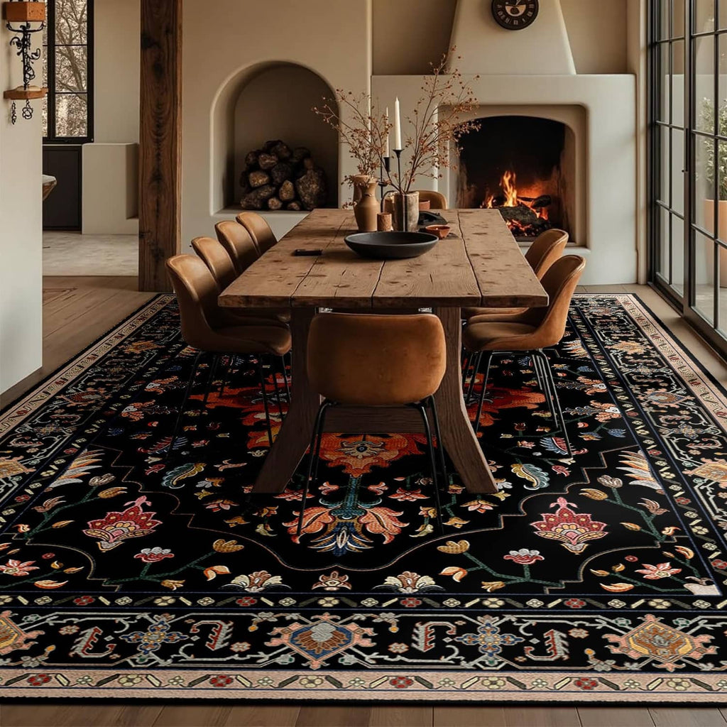 Large rectangular area rug in black with multicolor floral pattern beneath dining table