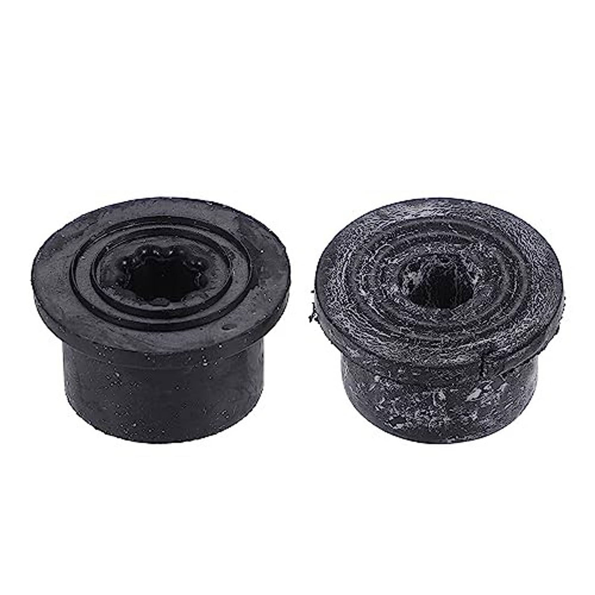Two black rubber radiator mount bushings with textured surfaces and center openings.