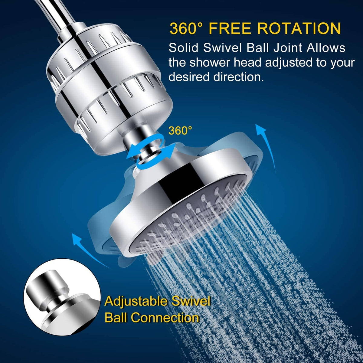 Chrome filtered shower head with 360° swivel ball joint for adjustable spray direction
