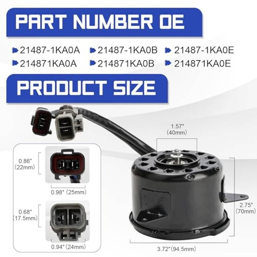 Radiator fan motor with electrical plugs and labeled product size diagram