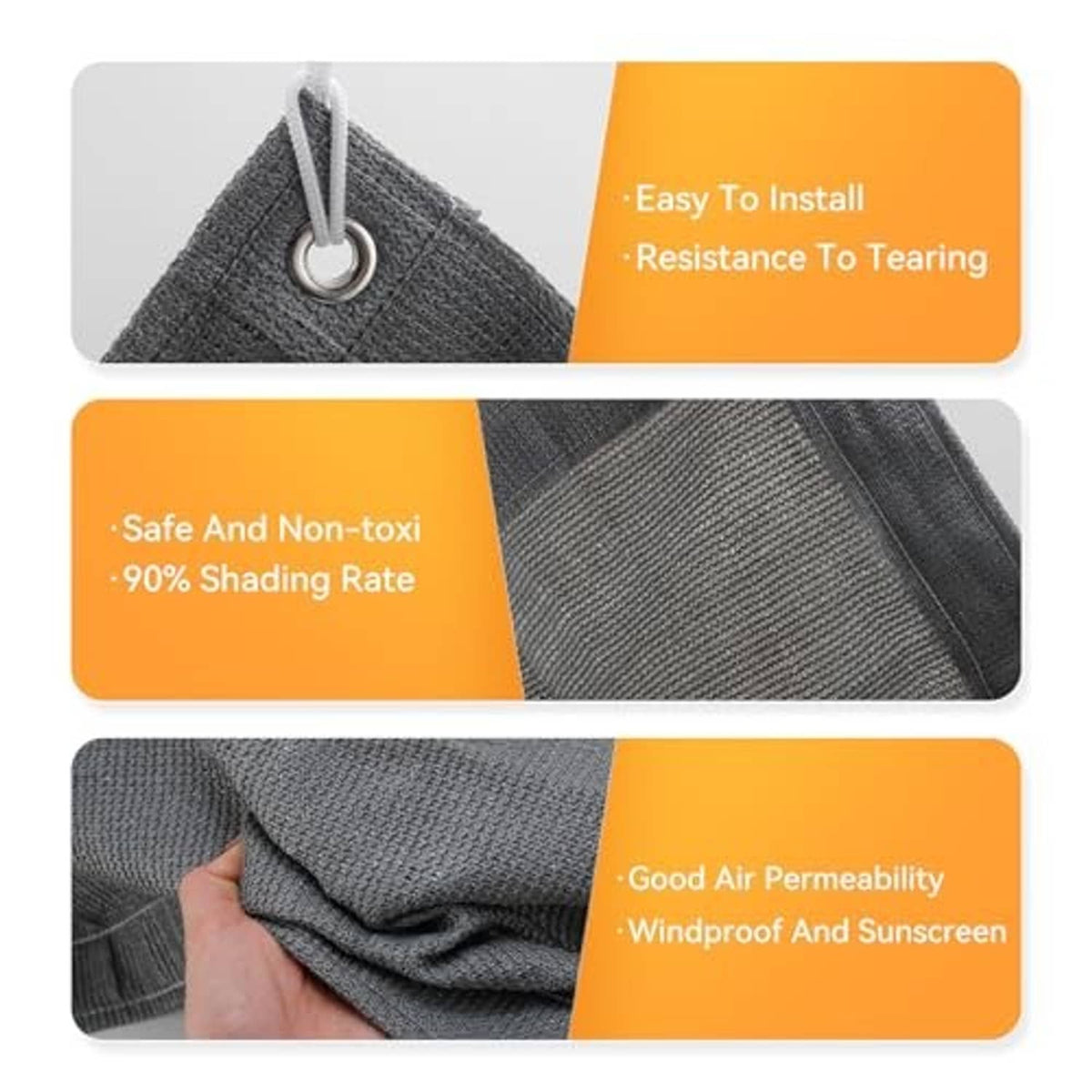 Gray shade cloth fabric with reinforced edges and grommeted corners, close-up