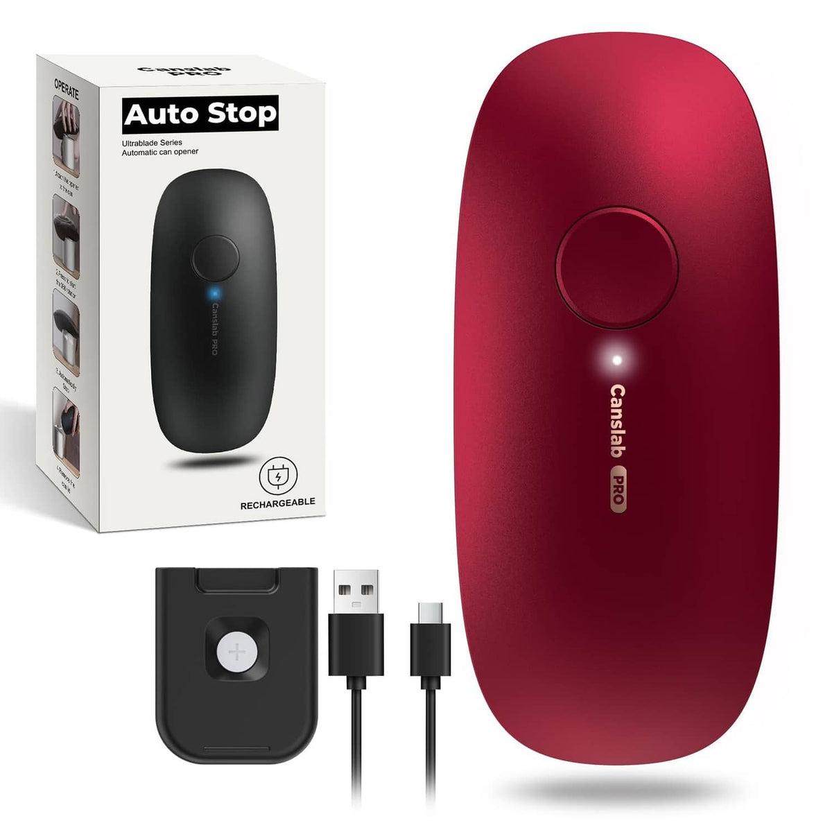 Red electric can opener with USB charging cable and accessories, shown with retail box