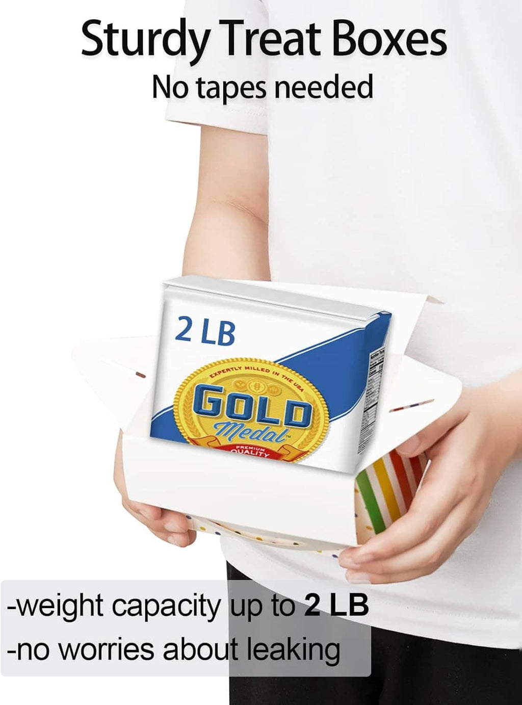 Sturdy white treat box with rainbow striped side panel; holds up to 2 lb.