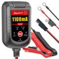 Portable 12V 1100mA battery charger with red and black alligator clip connectors