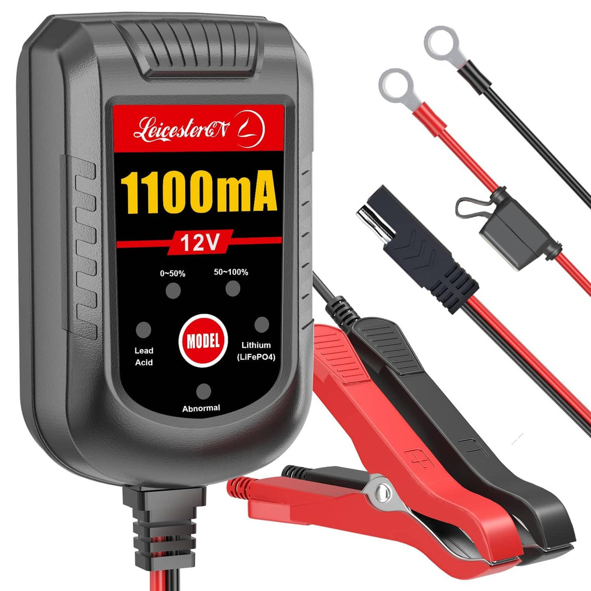Portable 12V 1100mA battery charger with red and black alligator clip connectors