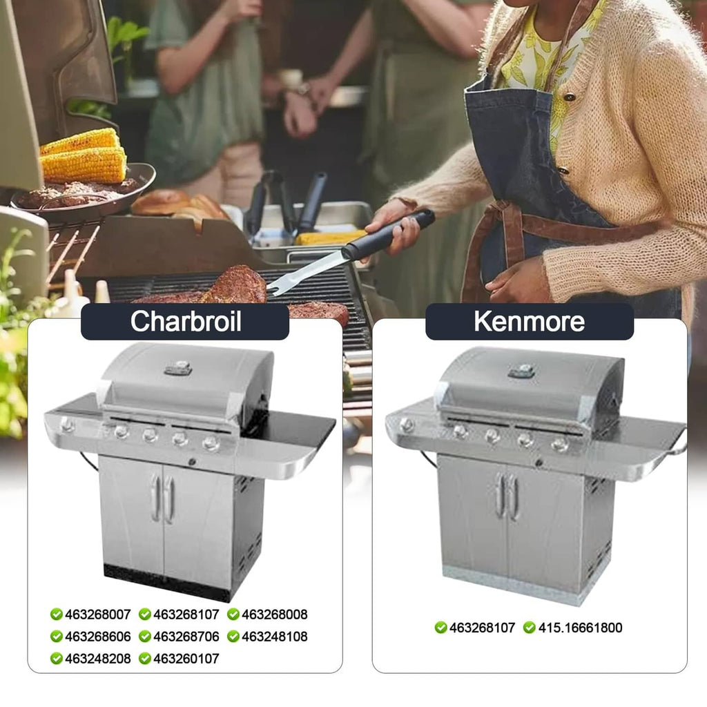 Outdoor gas grill with stainless burner panel replacement parts shown