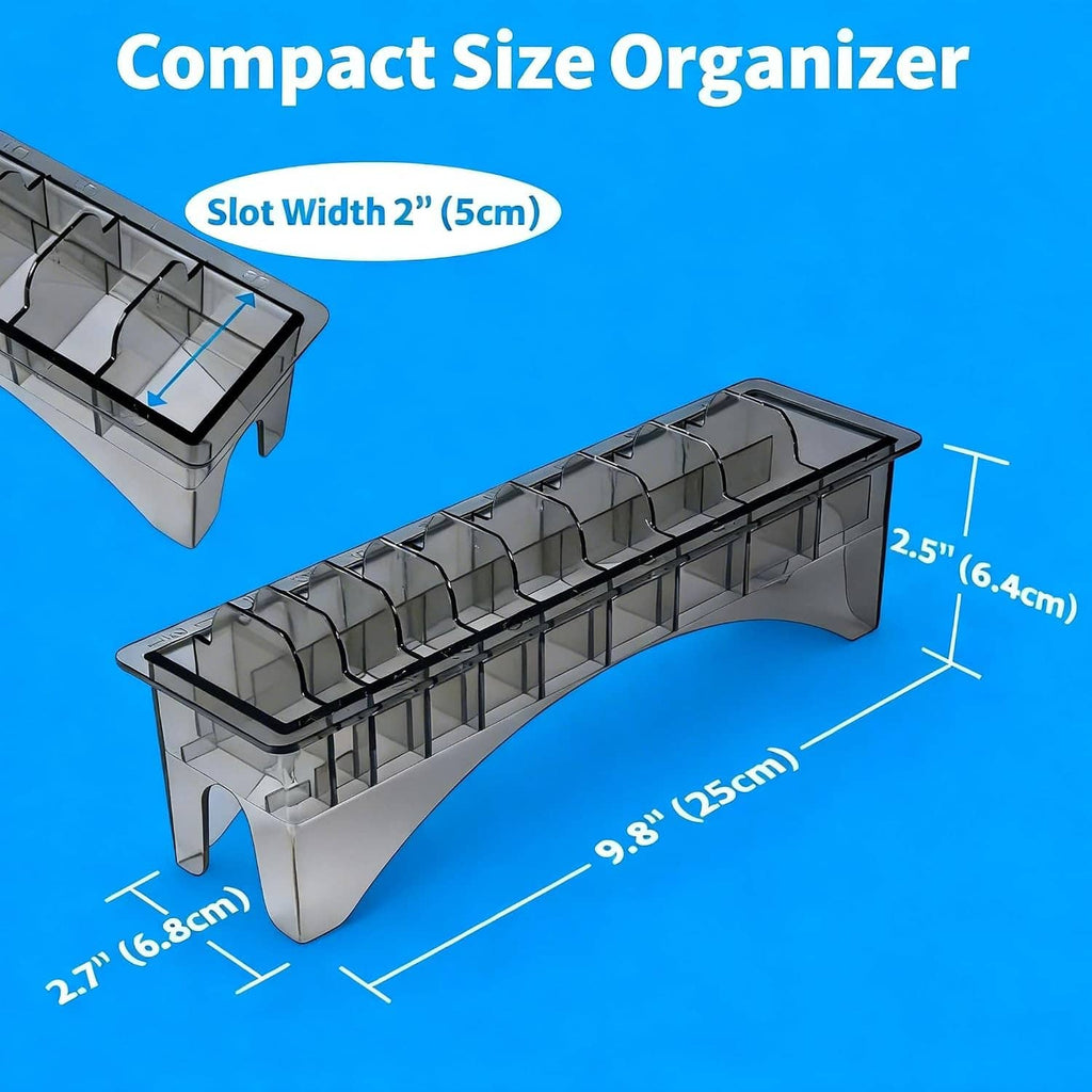 Compact 10-slot clipper guard holder with black divider bars and clear compartment slots