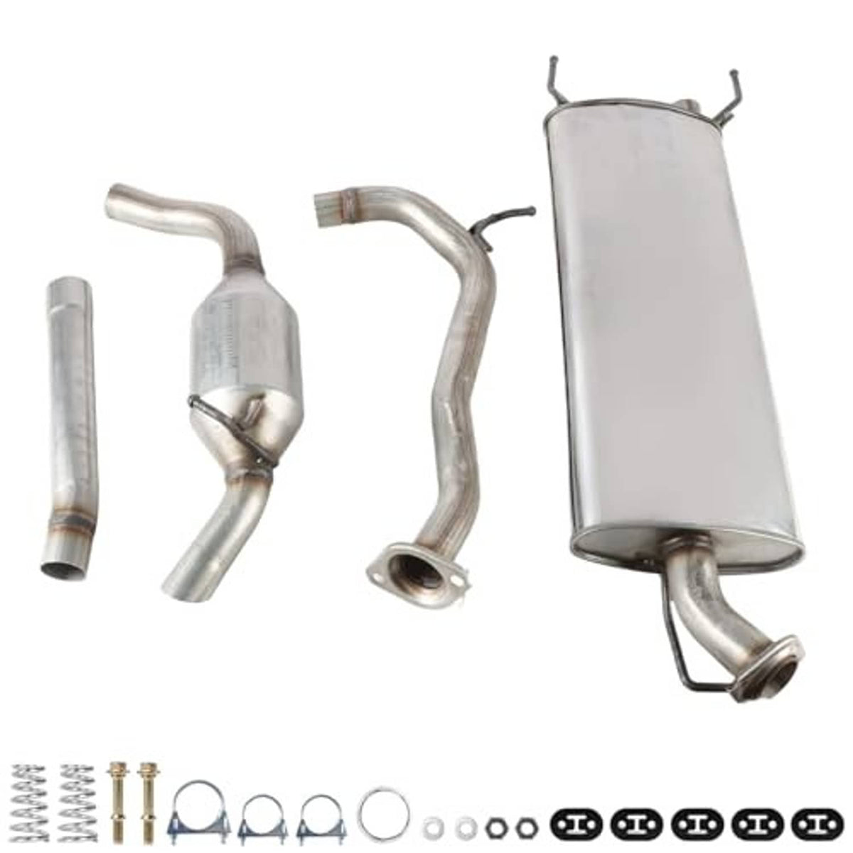 Exhaust assembly parts kit with muffler, resonator pipes, hangers, and hardware