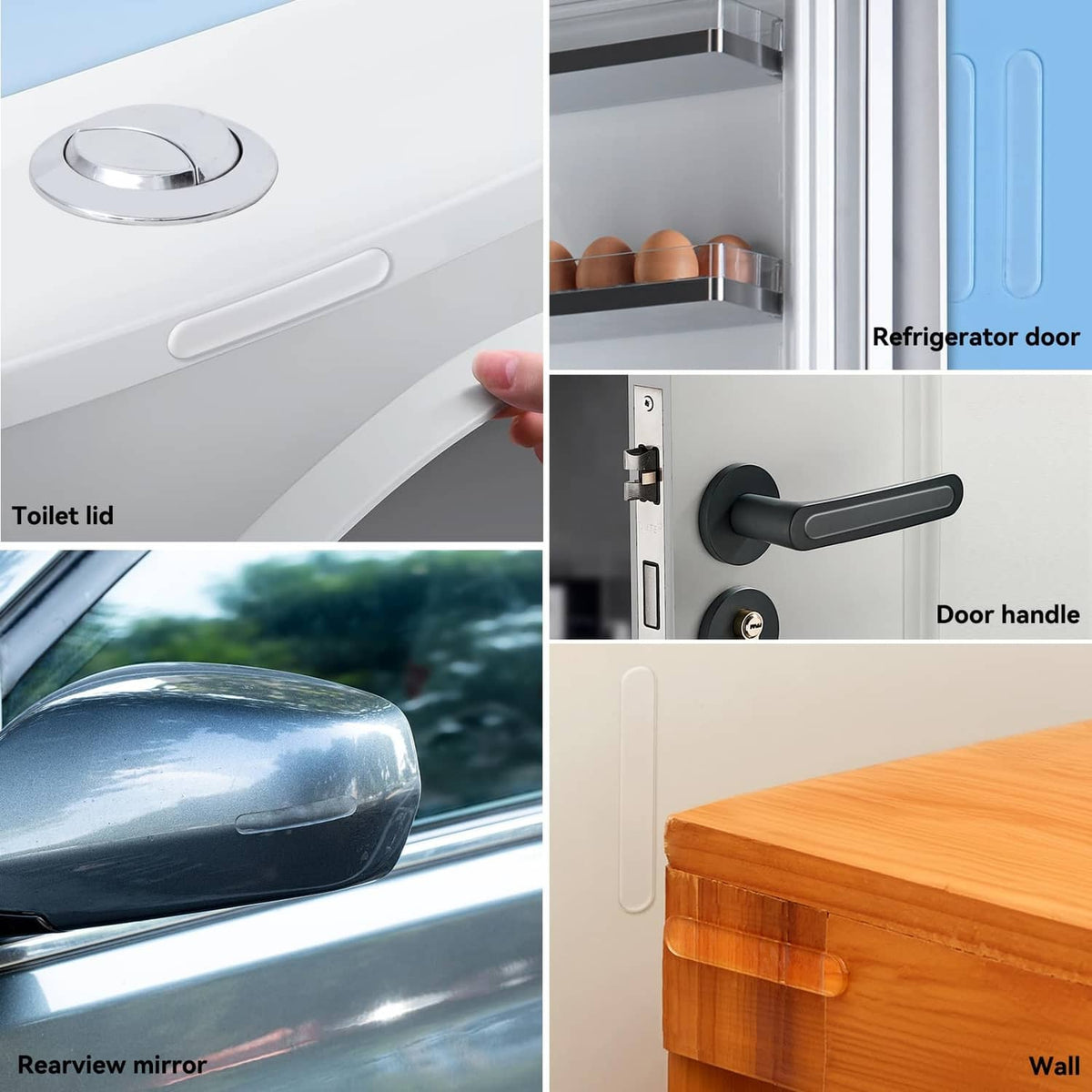 Transparent bumper pads for doors and lids, shown on different home surfaces