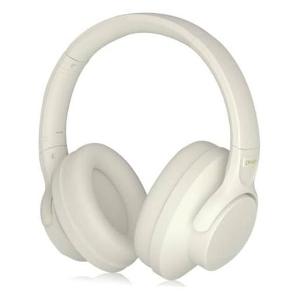 Milky white over-ear wireless headphones with padded headband and ear cushions
