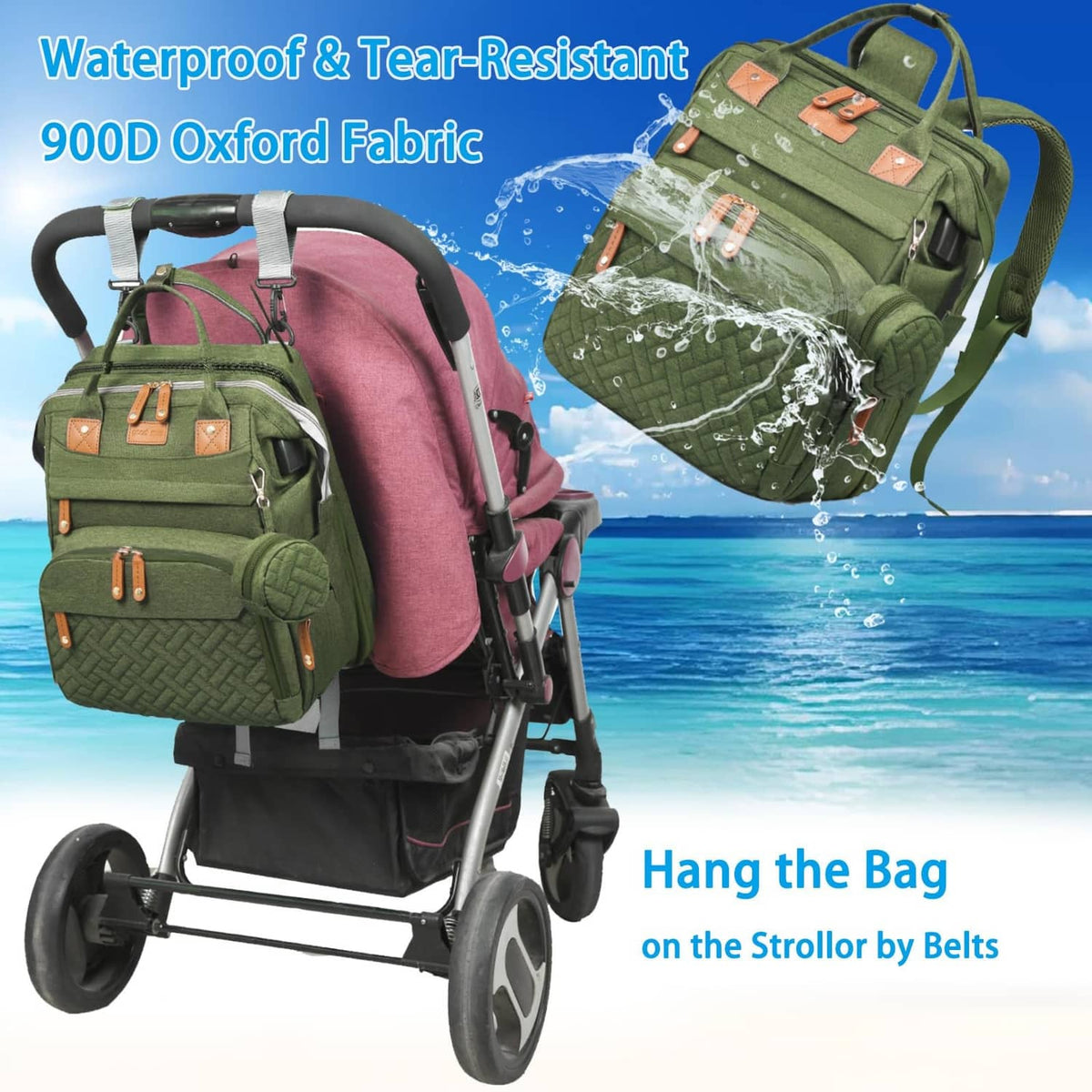 Army green diaper bag attached to stroller with front zipper pocket and woven texture