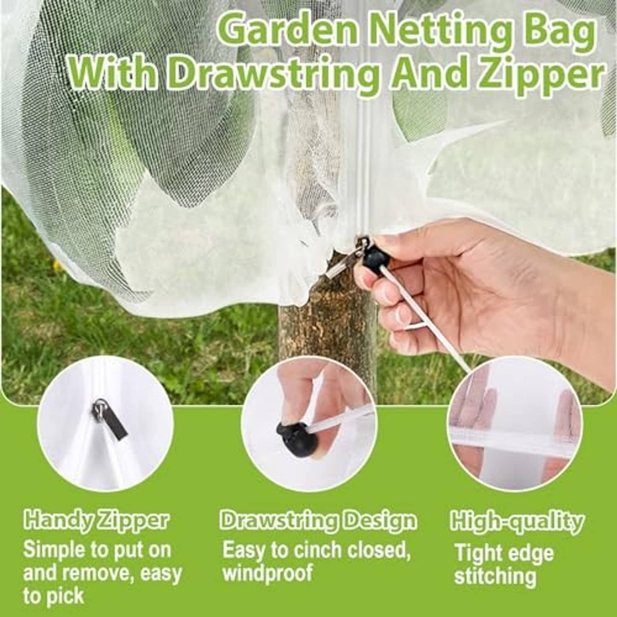 Garden fruit tree netting bag with zipper opening and drawstring close-up